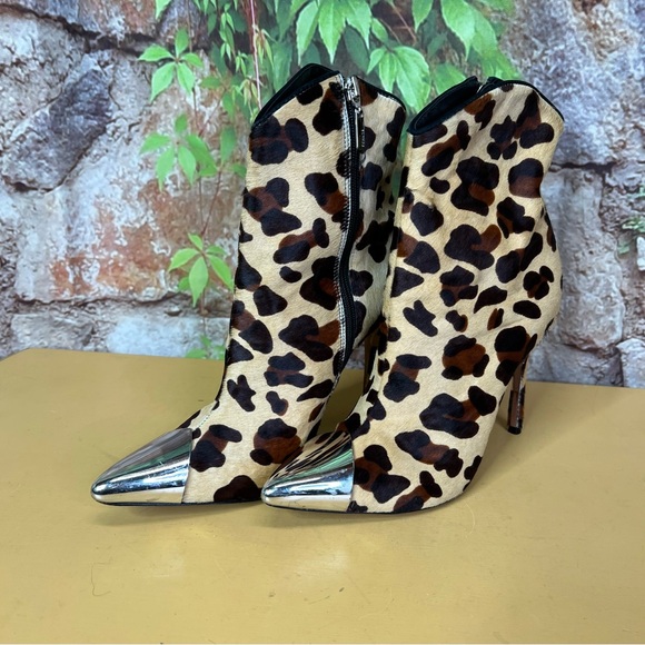 SCHUTZ Leopard Print Calf Hair Stiletto Cap Toe Boots, 7.5B - Picture 4 of 15